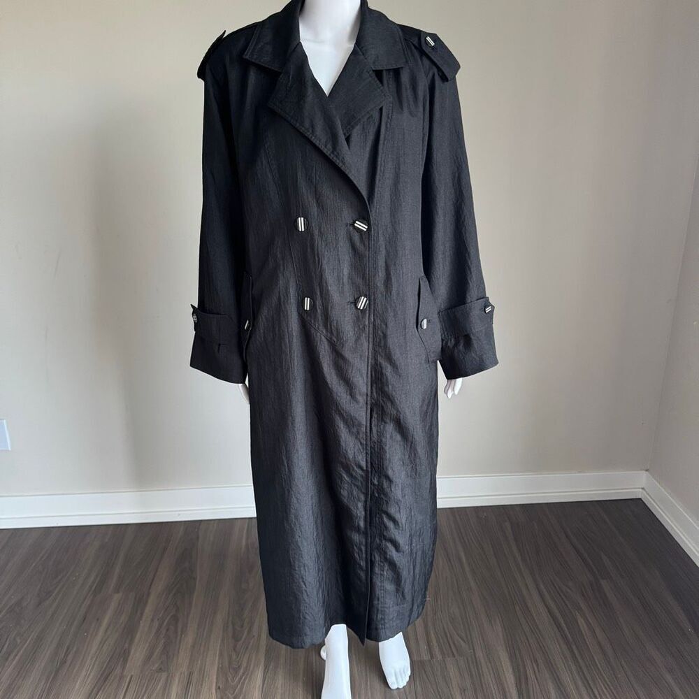 Vintage Gallery Black Trench Coat With Shoulder Pads Size 14